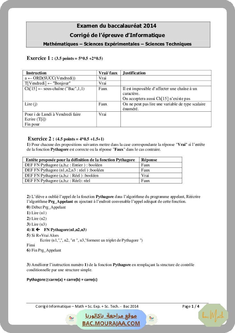 Corrigé principale info Bac 2014 – Section math